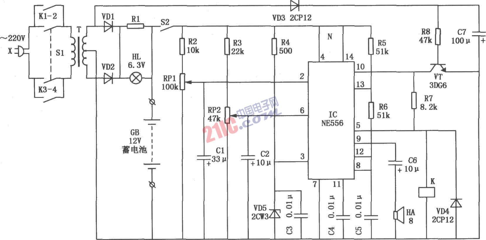 NE556構(gòu)成的發(fā)電機(jī)啟動(dòng)蓄電池的全自動(dòng)監(jiān)控電路