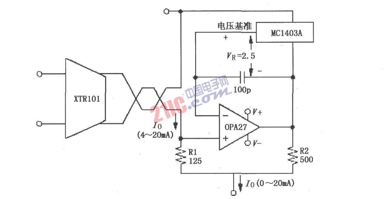 XTR101 0~20mA輸出變換<strong>電路圖</strong>