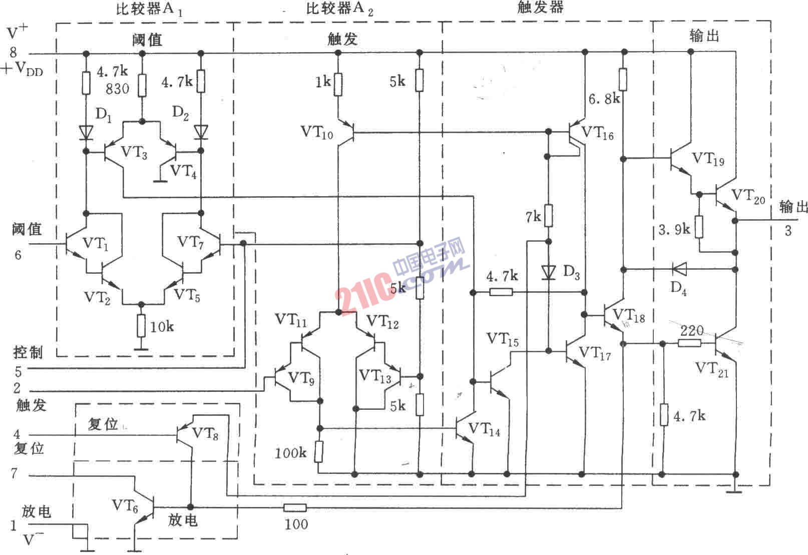 美國<strong>無線電</strong>公司生產(chǎn)的CA555<strong>等效電路圖</strong> 