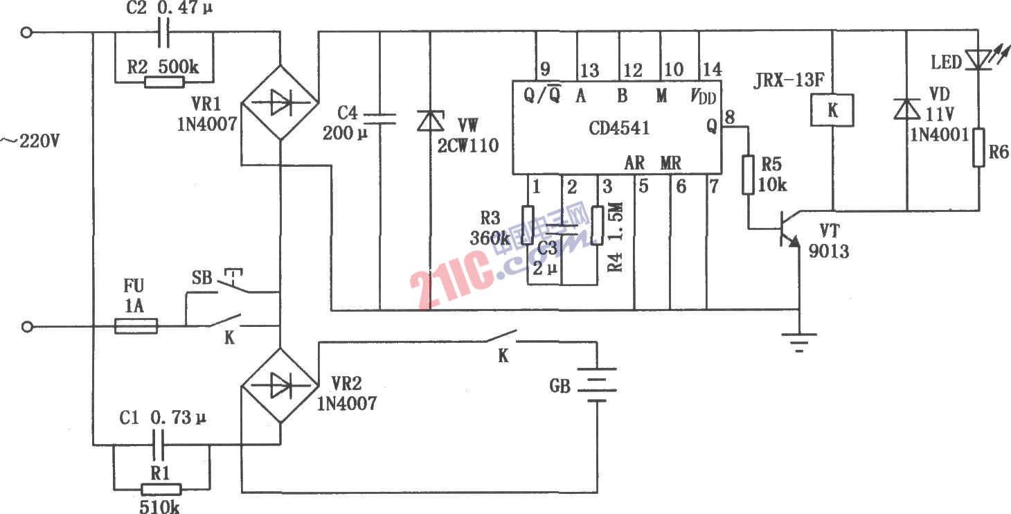 CD4541構(gòu)成的0.1C5A標準鎘鎳電池充電電路