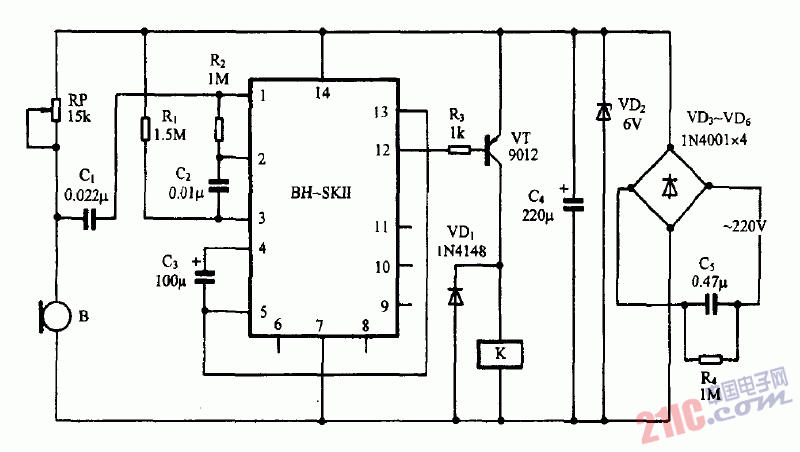 巧用BK-SK-II作<strong>聲控</strong>延遲燈<strong>電路圖</strong>