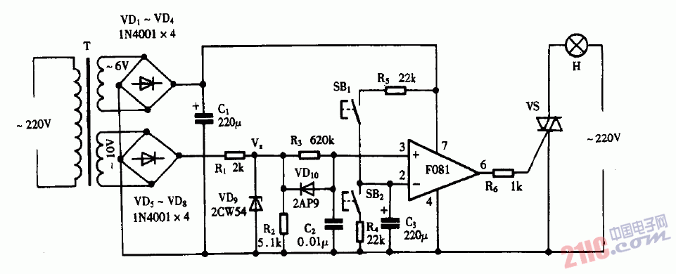 巧用F081作鍵式<strong>無級(jí)調(diào)光</strong><strong>控制器電路圖</strong>
