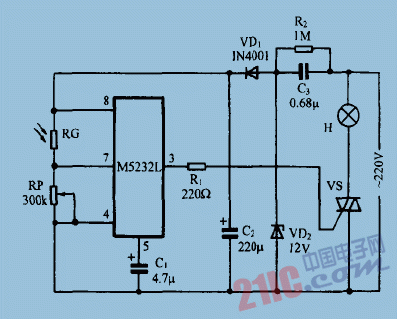 巧用M5232L作<strong>光控</strong>自動(dòng)<strong>閃爍燈</strong><strong>電路圖</strong>