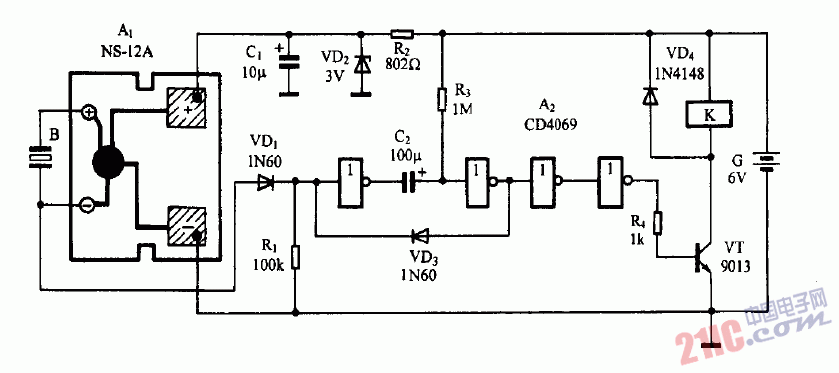 巧用NS12A作<strong>聲控</strong>延遲<strong>開關(guān)電路圖</strong>