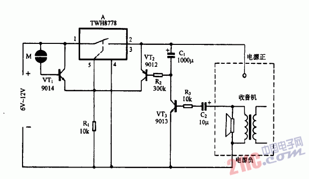 巧用TWH8778作<strong>收音機(jī)</strong>播放完畢自停器<strong>電路圖</strong>