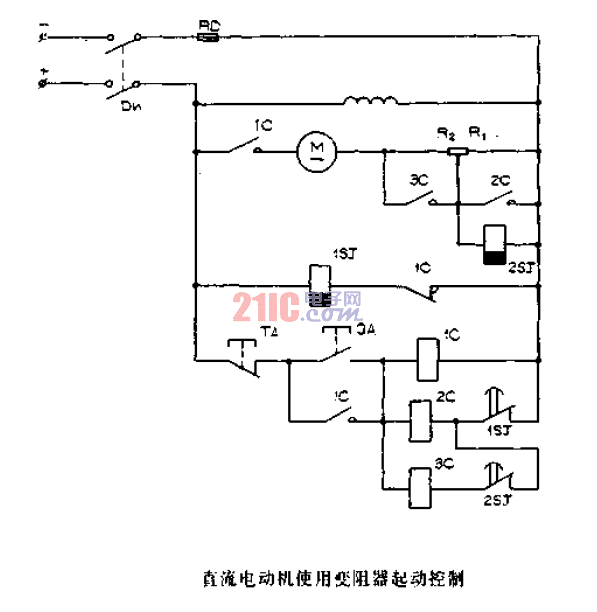 <strong>直流電動(dòng)機(jī)</strong>使用<strong>變阻器</strong>起動(dòng)<strong>控制電路圖</strong>.gif