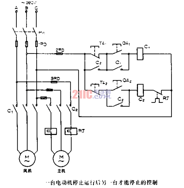 一臺<strong>電動機</strong>停止運行后另一臺才能停止的<strong>控制電路圖</strong>.gif