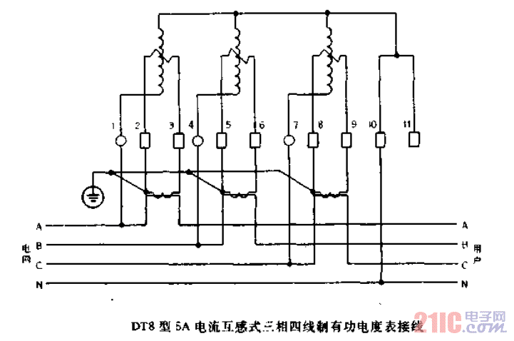 DT8型5A<strong>電流</strong>互感式<strong>三相四線制</strong>有功<strong>電度表</strong><strong>接線</strong>.gif