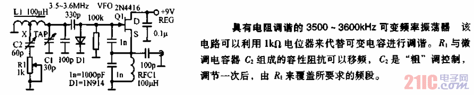 具有<strong>電阻</strong>調(diào)諧的3500-3600<strong>KHZ</strong>可<strong>變頻</strong>率振蕩器<strong>電路圖</strong>.gif