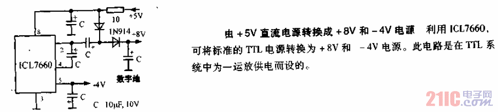 由+5V<strong>直流電源</strong>轉(zhuǎn)換成+8V和－4V<strong>電源電路</strong>.gif