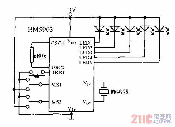 帶5只閃爍<strong>LED</strong>的驅(qū)動(dòng)<strong>蜂鳴器</strong><strong>應(yīng)用電路</strong>.gif