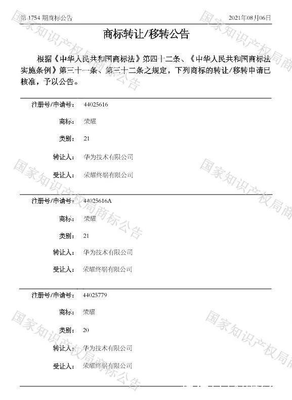 分手一周年，華為轉(zhuǎn)讓700多個(gè)榮耀商標(biāo)