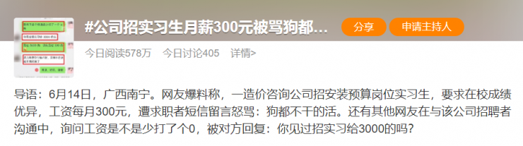 某公司招實習生月薪只有300元，被網(wǎng)友罵上熱搜！