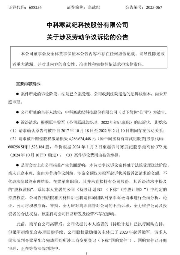 寒武紀(jì)前CTO天價(jià)索賠43億元！是獅子大開口，還是權(quán)益受損？