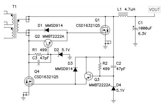 圖2: D2 和 D4 限制了該同步正向驅動器中正柵極電壓