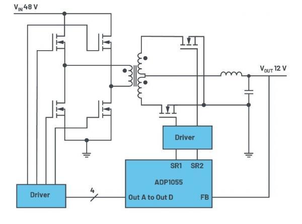 全橋應用中的 ADP1055 數(shù)字開關(guān)穩(wěn)壓器