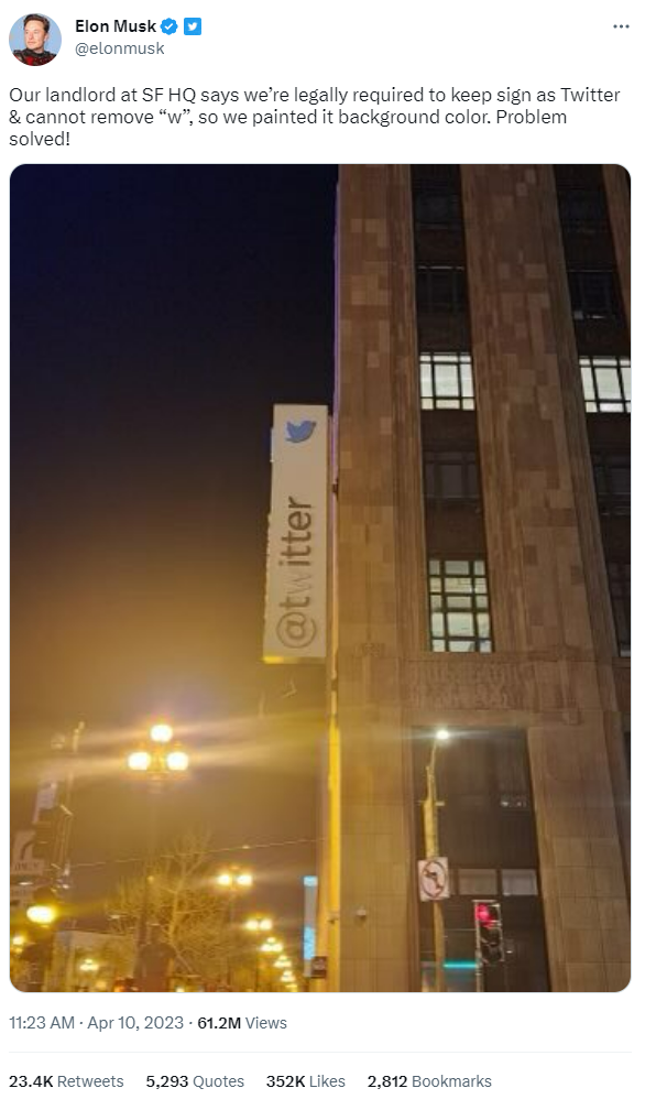 馬斯克將推特改名 Titter，美國總部 W 字母被涂白