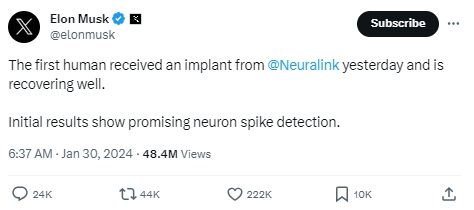 首位人類植入Neuralink腦機(jī)芯片，馬斯克：患者恢復(fù)良好！