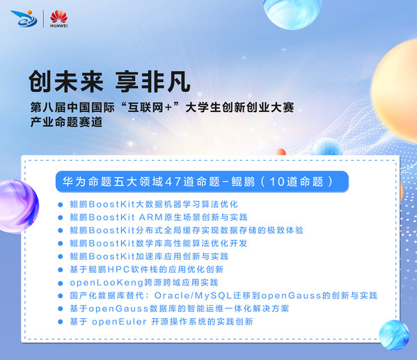 第八屆“互聯(lián)網(wǎng)+”大賽鯤鵬、昇騰AI等華為五大領(lǐng)域產(chǎn)業(yè)命題啟動(dòng)招募