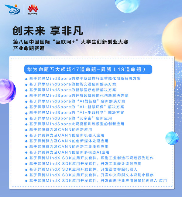 第八屆“互聯(lián)網(wǎng)+”大賽鯤鵬、昇騰AI等華為五大領(lǐng)域產(chǎn)業(yè)命題啟動(dòng)招募