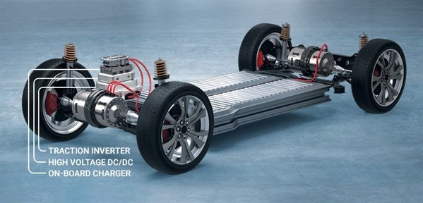 圖1：電動汽車動力總成，包括：牽引逆變器、高壓直流/直流和車載充電器