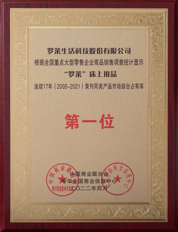 圖為：羅萊連續(xù)17年市場綜合占有率第一位獎牌