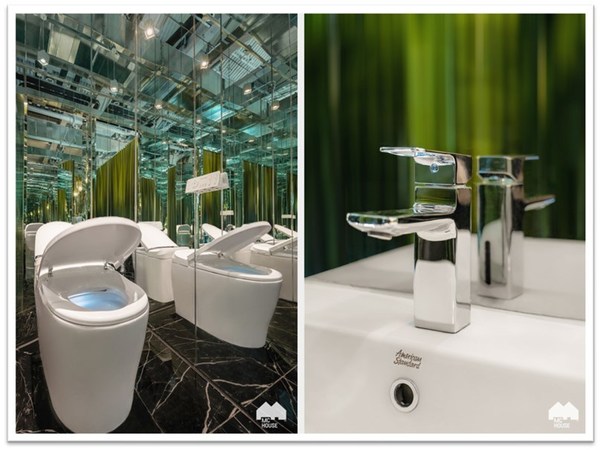 宜樂（e-Lite）智能一體化座廁（左）與舒格尼柱盆及新阿卡西亞龍頭（右）