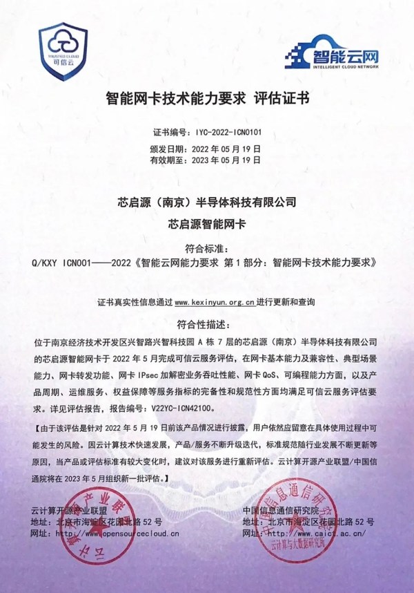 中國(guó)信通院“智能網(wǎng)卡技術(shù)能力要求”評(píng)估證書 中國(guó)信通院“智能網(wǎng)卡技術(shù)能力要求”評(píng)估證書