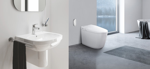 從左到右：德國(guó)高儀歐瑞斯瑪單把手面盆龍頭；德國(guó)高儀艾吉娜智能座廁系列