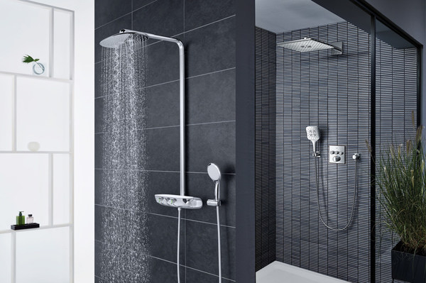 從左到右：德國(guó)高儀瑞雨智能控制恒溫淋浴系統(tǒng)；德國(guó)高儀Smartactive運(yùn)動(dòng)煥活手持花灑