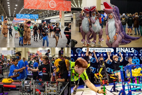 賽隊陸續(xù)入場(左上)，盛裝出席的賽隊(右上)，VEX VRC 比賽現(xiàn)場(左下)，VEX IQ 賽隊為獲勝歡呼(右下）