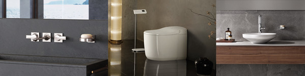 從左到右：德國高儀SPA新雅律三孔墻出水面盆龍頭；德國高儀雅瑞娜智能座廁；德國高儀SPA艾瑞歐纖薄盆