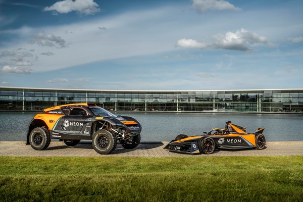 The NEOM McLaren Extreme E and Formula E race cars The NEOM McLaren Extreme E and Formula E race cars