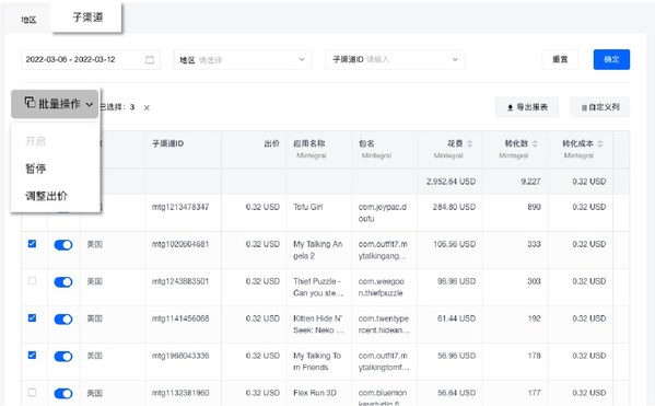 廣告主在程序化廣告平臺買量時，務(wù)必注意子渠道的效果優(yōu)化。XMP 子渠道報(bào)表功能支持子渠道詳細(xì)數(shù)據(jù)直觀顯示，支持批量開、關(guān)、修改出價。 基于 ROAS 優(yōu)化子渠道