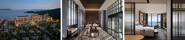 從左至右：寧波象山綠城喜來(lái)登度假酒店外觀、大堂以及豪華海景客房
