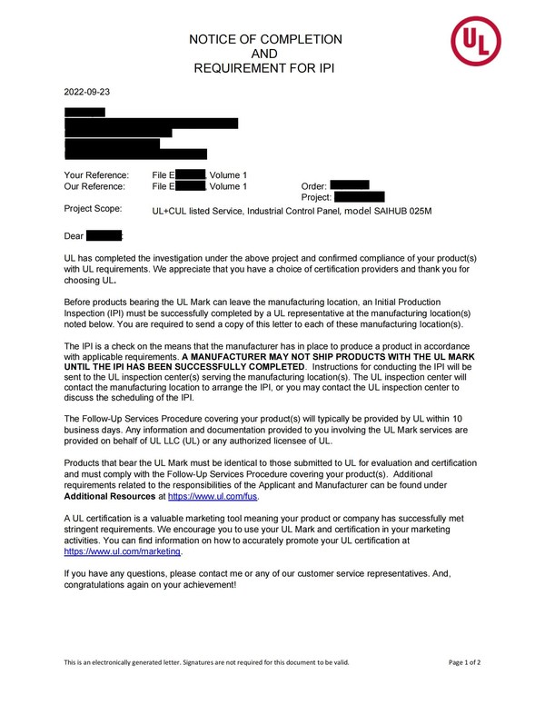 SAI.TECH收到UL發(fā)來(lái)的審核檢驗(yàn)通過(guò)通知