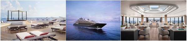 從左至右：水療中心露臺(tái)，Evrima游輪外觀，觀景間室內(nèi)設(shè)計(jì)