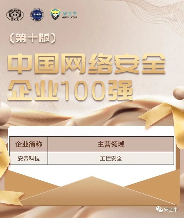網安百強 安帝科技榮登2022《中國網絡安全企業(yè)100強》