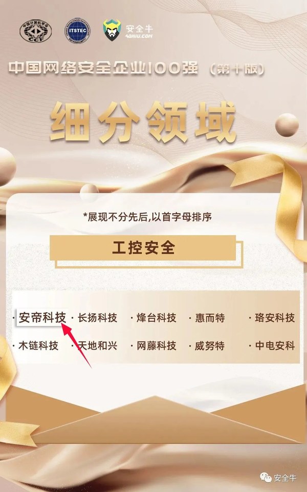 網安百強 安帝科技榮登2022《中國網絡安全企業(yè)100強》