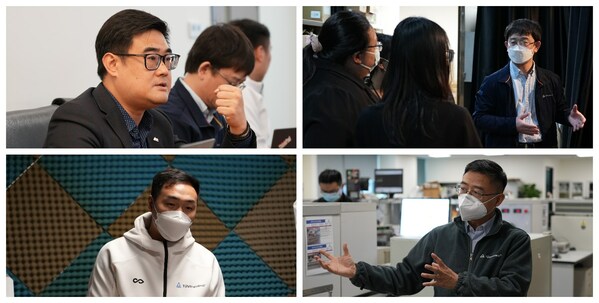 楊佳劼（左上）介紹TUV萊茵展歷史和無障礙項目研發(fā)情況；劉喜強（右上）介紹色彩關(guān)懷項目研發(fā)情況；劉大興（左下）介紹研發(fā)實驗室情況；曹永新（右下）介紹安規(guī)實驗室以及深圳公司實驗室發(fā)展歷史