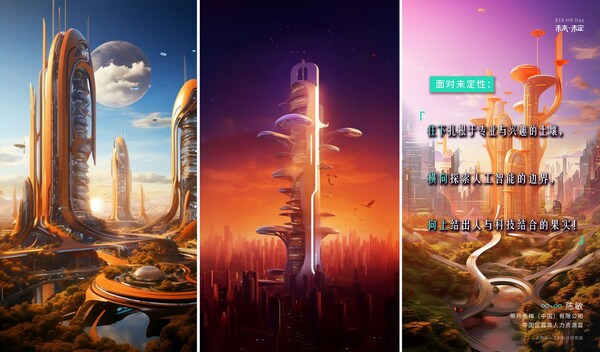 （圖為人力資源高管與AI共創(chuàng)的海報，通過三輪文本描述交互，以未來城市的車水馬龍來體現(xiàn)人與科技的關(guān)系）