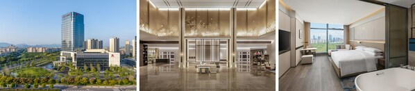 從左至右依次為-紹興上虞萬豪酒店外觀、大堂、大床房