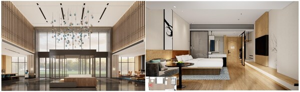 從左至右（效果圖）：深圳大梅沙萬楓酒店大堂、深圳大梅沙萬楓酒店客房