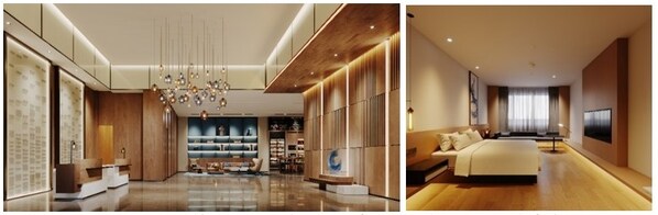 從左至右（效果圖）：滁州高鐵站萬(wàn)楓酒店大堂、酒店客房