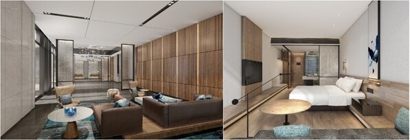 從左至右(效果圖):舟山普陀萬楓酒店大堂、舟山普陀萬楓酒店客房