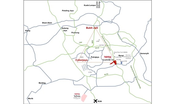 Mah Sing DC Hub@Southville City與賽城和武吉加里爾形成數(shù)據(jù)中心樞紐戰(zhàn)略三角區(qū)，兩者距離Mah Sing DC Hub約20公里。