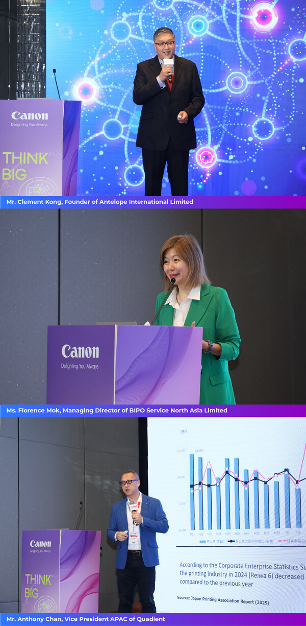 多名講者于研討會中分享真知灼見，包括（由上起）Antelope International Limited始創(chuàng)人康錦權先生探索代理式人工智能（Agentic AI）如何重塑未來商業(yè)模式；BIPO Service North Asia Limited北亞區(qū)董事總經理莫綺慧女士講解如何善用SaaS與自動化技術靈活適應人力市場轉型；及Quadient副總裁陳俊杰先生闡述統一多渠道溝通平臺如何開發(fā)潛在客戶與提升客戶體驗。
