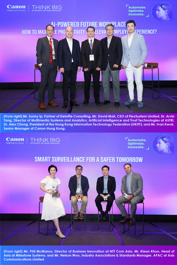 在兩場座談會中，（上右起） 德勤諮詢合夥人葉子陽先生、FlexSystem Limited行政總裁麥永光先生、香港應用科技研究院人工智慧及可信技術多媒體系統與分析總監(jiān)鄧羽真博士、香港資訊科技商會會長鐘孝揚博士及佳能香港高級經理郭奕新先生，討論未來職場如何透過人工智能促進生產力與員工體驗；（下右起）NTT Com Asia業(yè)務創(chuàng)新總監(jiān)Phil McManus先生、Milestone Systems亞洲區(qū)負責人Kiean Khoo先生及Axis Communications Limited亞太區(qū)行業(yè)協會與標準經理胡洋先生，探討以智能監(jiān)控共創(chuàng)更安全的未來。