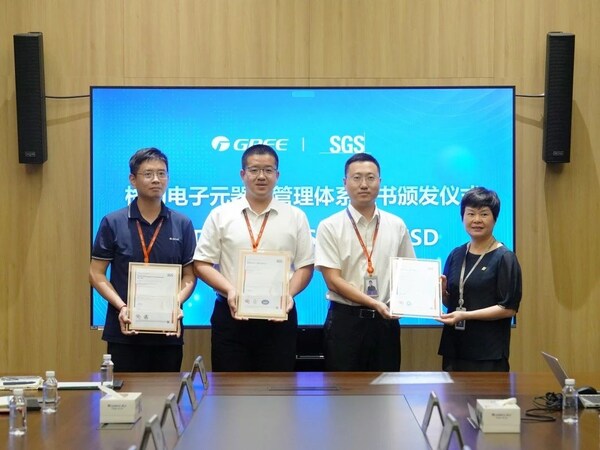 SGS為格力電器旗下珠海格力電子元器件有限公司頒發(fā)ISO 9001質(zhì)量管理體系、IATF 16949汽車質(zhì)量管理體系及ANSI/ESD S20.20-2021靜電防護(hù)管理體系認(rèn)證證書