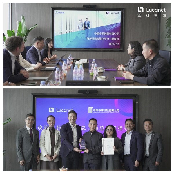 中藥控股副總裁、財(cái)務(wù)總監(jiān)-沈黎新(右四），財(cái)務(wù)中心總監(jiān)楊洋（右三），藍(lán)科全球CEO-Elias Apel（左三）